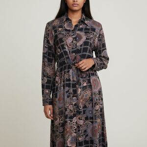 Scared Threads Boho Long Sleeve Black/Blue Floral Button Down Shirt dress M New